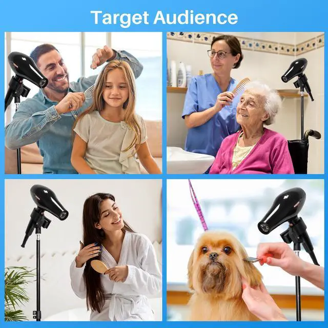 Alt view image 3 of 7 - Adjustable Hands-Free Hair Dryer Stand Holder-64.4 inches,360 Degree Rotation,Blow Dryer Holder Countertop With Non-Slip Tripod and Universal Clip