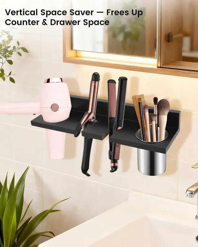 Alt view image 2 of 6 - Hair Tool Organizer for Bathroom Wall Mounted Hair Dryer Holder with Heat-Resistant Cups, Curling Iron & Straightener Rack, Blow Dryer Organizer for Vanity or Wall (Black)