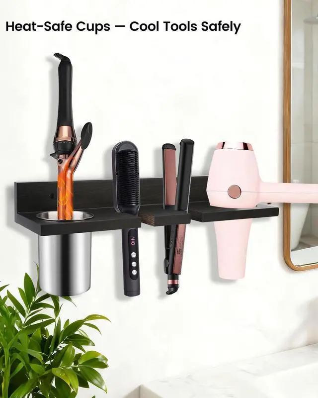Alt view image 3 of 6 - Hair Tool Organizer for Bathroom Wall Mounted Hair Dryer Holder with Heat-Resistant Cups, Curling Iron & Straightener Rack, Blow Dryer Organizer for Vanity or Wall (Black)