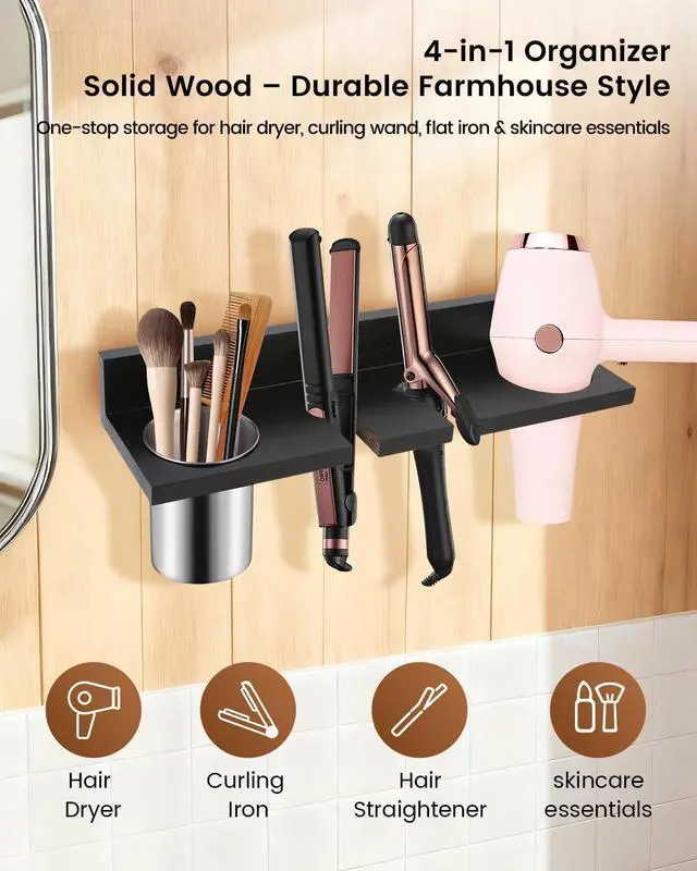 Alt view image 5 of 6 - Hair Tool Organizer for Bathroom Wall Mounted Hair Dryer Holder with Heat-Resistant Cups, Curling Iron & Straightener Rack, Blow Dryer Organizer for Vanity or Wall (Black)