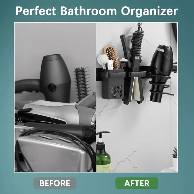 Alt view image 2 of 7 - Hair Dryer Holder Wall Mounted Bathroom Blow Dryer Rack Organizer, Black