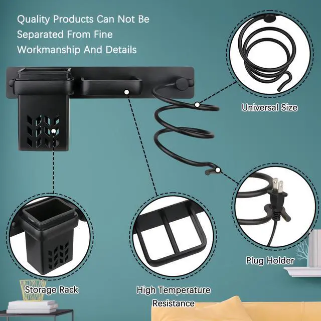 Alt view image 3 of 7 - Hair Dryer Holder Wall Mounted Bathroom Blow Dryer Rack Organizer, Black