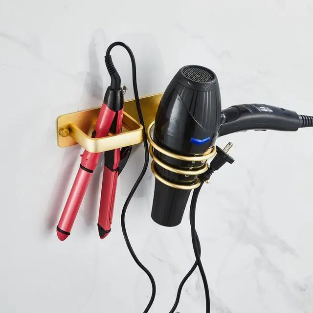 Alt view image 2 of 7 - Hair Dryer Holder Hairdryer Station Wall Mounted Shelf Bracket Straightener Stand Hanger Organizer Blow Storage w/Cable Tidy Rack for Dressing Table Bathroom Aluminum Professional, Gold Brass