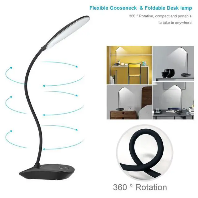 Alt view image 3 of 6 - LED Desk Lamp with Flexible Gooseneck 3 Level Brightness, Battery Operated Table Lamp 5W Touch Control, Compact Portable lamp for Dorm Study Office Bedroom, Eye-Caring and Energy Saving