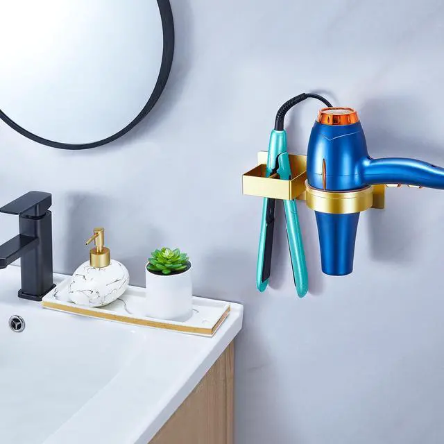 Alt view image 2 of 7 - Hair Dryer Holder Wall Mounted, Hair Straightener Holder, Blow Dryer Holder Adhesive, Hair Tool Organizer for Flat Iron, Hairdryer, Curling Iron Holder for Bathroom Vanity Barber Shop (Gold)