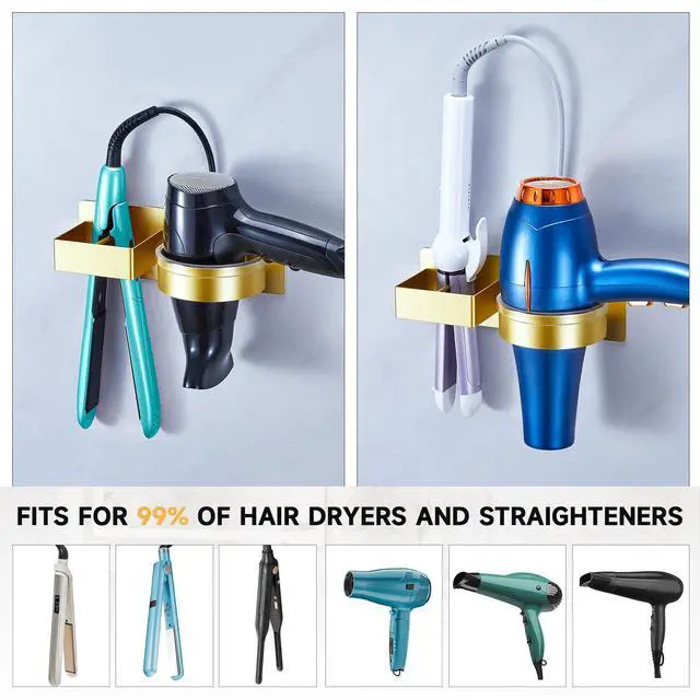 Alt view image 5 of 7 - Hair Dryer Holder Wall Mounted, Hair Straightener Holder, Blow Dryer Holder Adhesive, Hair Tool Organizer for Flat Iron, Hairdryer, Curling Iron Holder for Bathroom Vanity Barber Shop (Gold)