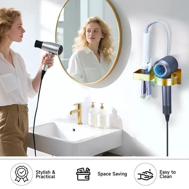 Alt view image 6 of 7 - Hair Dryer Holder Wall Mounted, Hair Straightener Holder, Blow Dryer Holder Adhesive, Hair Tool Organizer for Flat Iron, Hairdryer, Curling Iron Holder for Bathroom Vanity Barber Shop (Gold)