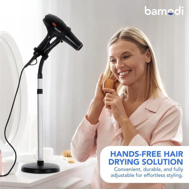 Alt view image 2 of 6 - Hair Dryer Holder Black - Hands-Free Hair Drying Metal Stand with 360° Rotation, Adjustable Height - Countertop or Wall Mount - Stylish and Convenient Storage Solution for Bathroom