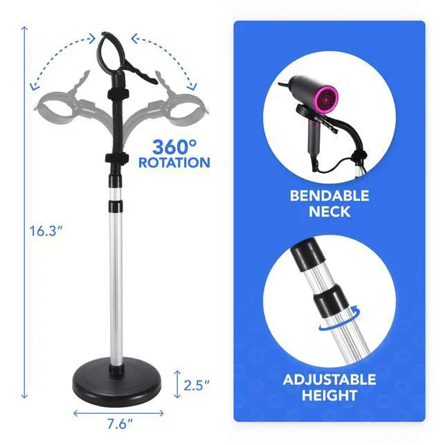 Alt view image 3 of 6 - Hair Dryer Holder Black - Hands-Free Hair Drying Metal Stand with 360° Rotation, Adjustable Height - Countertop or Wall Mount - Stylish and Convenient Storage Solution for Bathroom