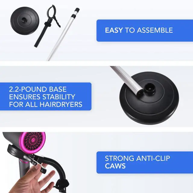 Alt view image 6 of 6 - Hair Dryer Holder Black - Hands-Free Hair Drying Metal Stand with 360° Rotation, Adjustable Height - Countertop or Wall Mount - Stylish and Convenient Storage Solution for Bathroom