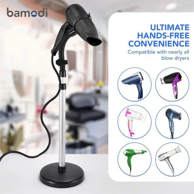 Alt view image 4 of 6 - Hair Dryer Holder Black - Hands-Free Hair Drying Metal Stand with 360° Rotation, Adjustable Height - Countertop or Wall Mount - Stylish and Convenient Storage Solution for Bathroom