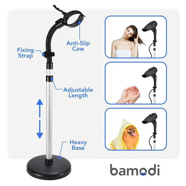 Alt view image 5 of 6 - Hair Dryer Holder Black - Hands-Free Hair Drying Metal Stand with 360° Rotation, Adjustable Height - Countertop or Wall Mount - Stylish and Convenient Storage Solution for Bathroom