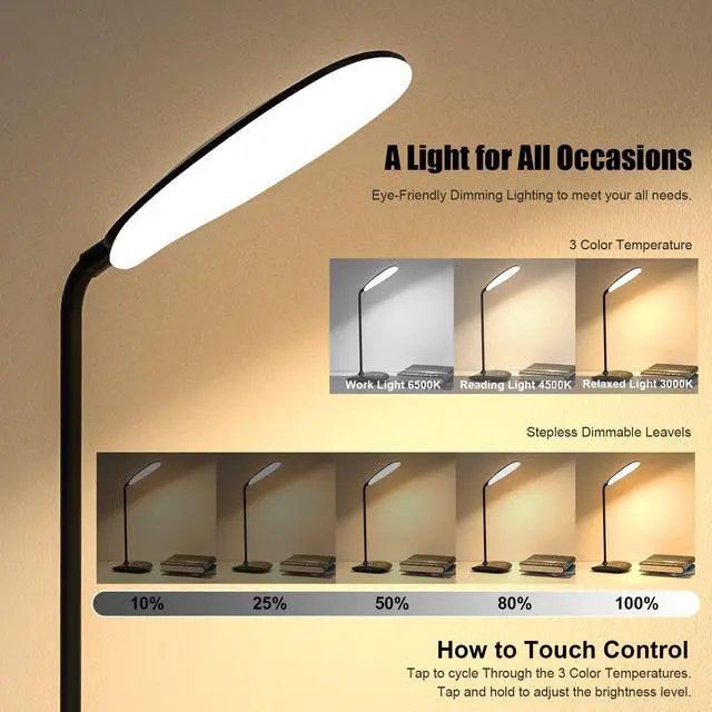Alt view image 2 of 6 - Battery Operated Desk Lamp, LED Desk Light 3 Lighting Modes Stepless Dimming, Table Lamp 5W Touch Control Eye Caring, Flexible Gooseneck, Portable Reading Light for Dorm Study Office Bedroom