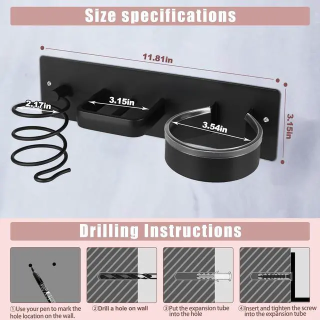 Alt view image 2 of 7 - Hair Dryer Holder Wall Mounted 3in1 Hair Tool Organizer Blow Dryer Holder Bathroom Care Styling For Flat Iron,Curling Iron Matte Black