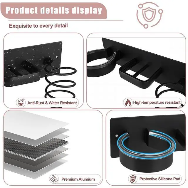 Alt view image 4 of 7 - Hair Dryer Holder Wall Mounted 3in1 Hair Tool Organizer Blow Dryer Holder Bathroom Care Styling For Flat Iron,Curling Iron Matte Black