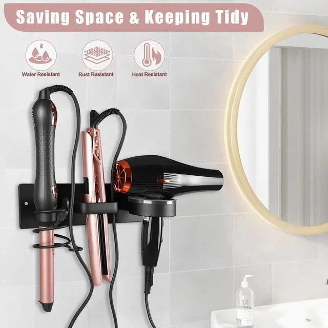 Alt view image 3 of 7 - Hair Dryer Holder Wall Mounted 3in1 Hair Tool Organizer Blow Dryer Holder Bathroom Care Styling For Flat Iron,Curling Iron Matte Black