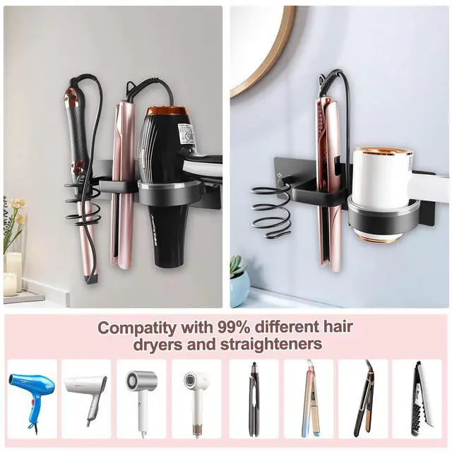 Alt view image 6 of 7 - Hair Dryer Holder Wall Mounted 3in1 Hair Tool Organizer Blow Dryer Holder Bathroom Care Styling For Flat Iron,Curling Iron Matte Black