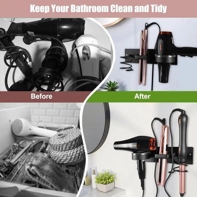 Alt view image 7 of 7 - Hair Dryer Holder Wall Mounted 3in1 Hair Tool Organizer Blow Dryer Holder Bathroom Care Styling For Flat Iron,Curling Iron Matte Black