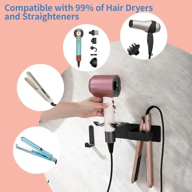 Alt view image 2 of 7 - Hair Dryer Holder Wall Mounted, Hair Tool Organizer Wall Mount for Bathroom, Stainless Steel Hair Dryer Holder, Blow Dryer Holder Adhesive/Drilling Hair Dryer and Straightener Holder Black