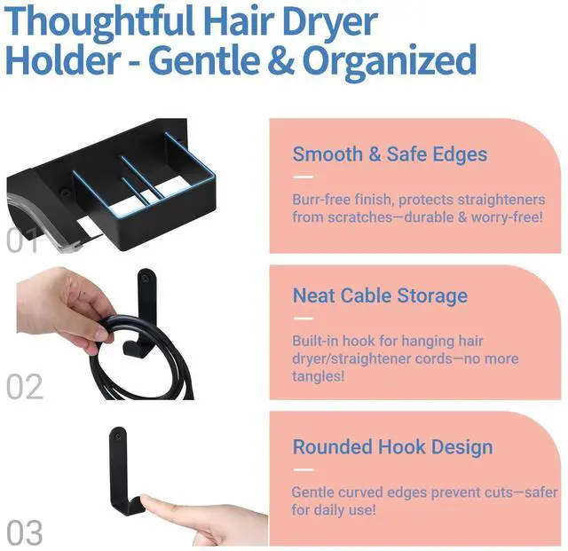 Alt view image 3 of 7 - Hair Dryer Holder Wall Mounted, Hair Tool Organizer Wall Mount for Bathroom, Stainless Steel Hair Dryer Holder, Blow Dryer Holder Adhesive/Drilling Hair Dryer and Straightener Holder Black