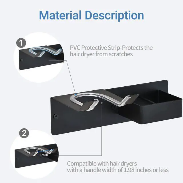 Alt view image 4 of 7 - Hair Dryer Holder Wall Mounted, Hair Tool Organizer Wall Mount for Bathroom, Stainless Steel Hair Dryer Holder, Blow Dryer Holder Adhesive/Drilling Hair Dryer and Straightener Holder Black