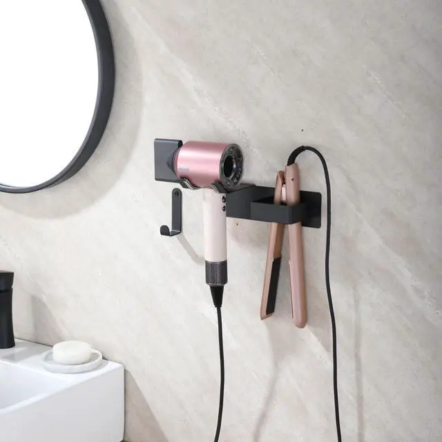 Alt view image 7 of 7 - Hair Dryer Holder Wall Mounted, Hair Tool Organizer Wall Mount for Bathroom, Stainless Steel Hair Dryer Holder, Blow Dryer Holder Adhesive/Drilling Hair Dryer and Straightener Holder Black