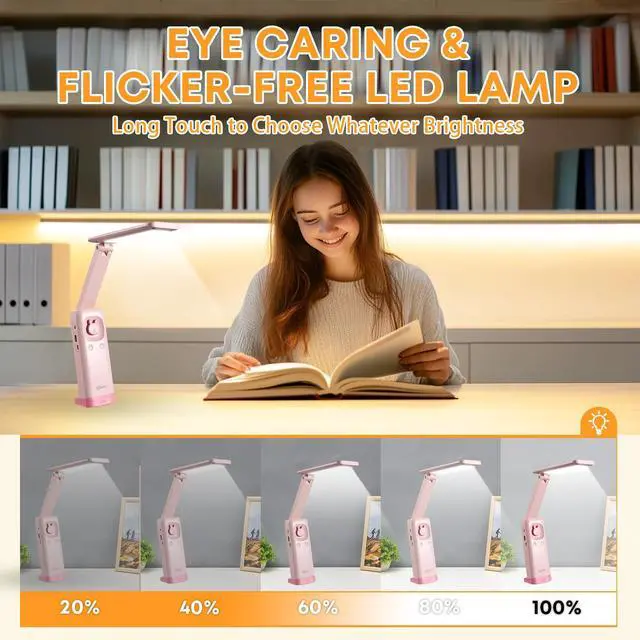 Alt view image 2 of 7 - Cute Bunny Desk Lamp, Foldable LED Rechargeable Table Light, Eye-Caring Reading Lamp, 3 Color Modes & Dimmable, for Kids Girls Bedroom Study Dorm Room(Pink)