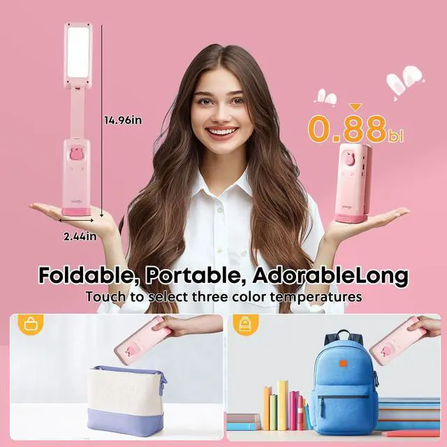 Alt view image 3 of 7 - Cute Bunny Desk Lamp, Foldable LED Rechargeable Table Light, Eye-Caring Reading Lamp, 3 Color Modes & Dimmable, for Kids Girls Bedroom Study Dorm Room(Pink)