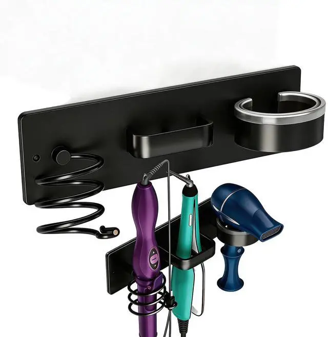 Main image of Wall Mounted Hair Tool Organizer, Hair Dryer Holder with Storage Compartment, Bathroom Hair Styling Tool Holder for Hair Dryer, Curling Iron, Straightener, No Drill