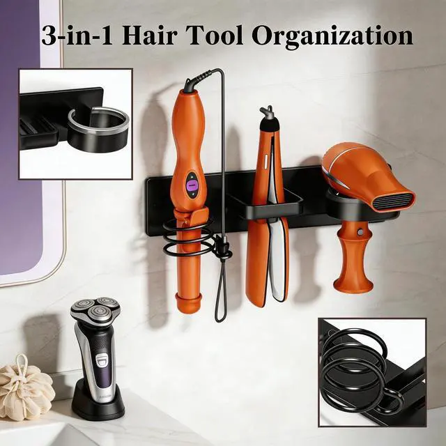 Alt view image 3 of 6 - Wall Mounted Hair Tool Organizer, Hair Dryer Holder with Storage Compartment, Bathroom Hair Styling Tool Holder for Hair Dryer, Curling Iron, Straightener, No Drill