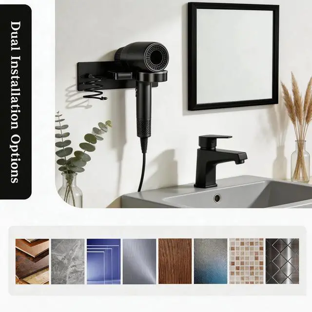 Alt view image 5 of 6 - Wall Mounted Hair Tool Organizer, Hair Dryer Holder with Storage Compartment, Bathroom Hair Styling Tool Holder for Hair Dryer, Curling Iron, Straightener, No Drill