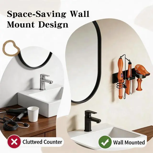Alt view image 4 of 6 - Wall Mounted Hair Tool Organizer, Hair Dryer Holder with Storage Compartment, Bathroom Hair Styling Tool Holder for Hair Dryer, Curling Iron, Straightener, No Drill