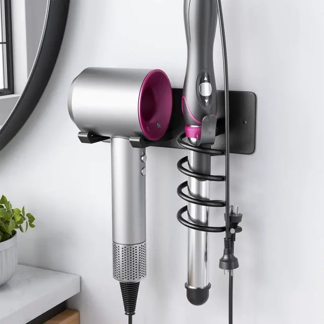 Main image of Hair Dryer Holder + Curling Iron Holder,Blow Dryer Holder Wall Mount, Bathroom Hair Tool Organizer Rack for Universal Dryer Matte Black