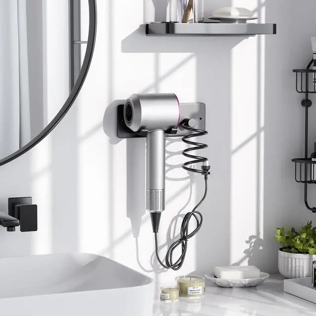 Alt view image 2 of 5 - Hair Dryer Holder + Curling Iron Holder,Blow Dryer Holder Wall Mount, Bathroom Hair Tool Organizer Rack for Universal Dryer Matte Black