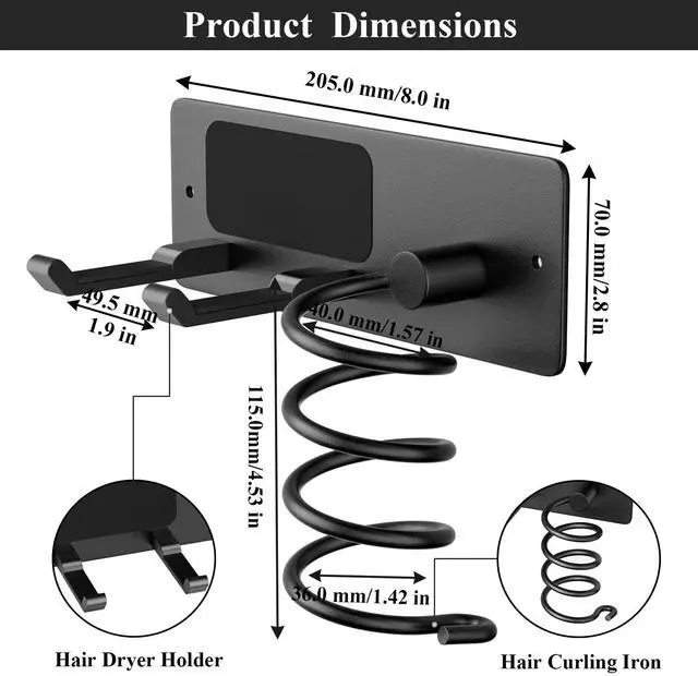 Alt view image 3 of 5 - Hair Dryer Holder + Curling Iron Holder,Blow Dryer Holder Wall Mount, Bathroom Hair Tool Organizer Rack for Universal Dryer Matte Black