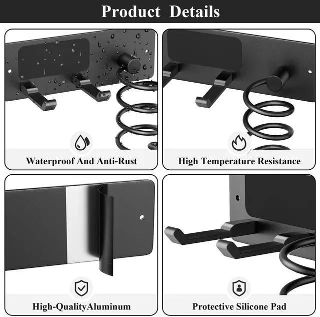 Alt view image 4 of 5 - Hair Dryer Holder + Curling Iron Holder,Blow Dryer Holder Wall Mount, Bathroom Hair Tool Organizer Rack for Universal Dryer Matte Black