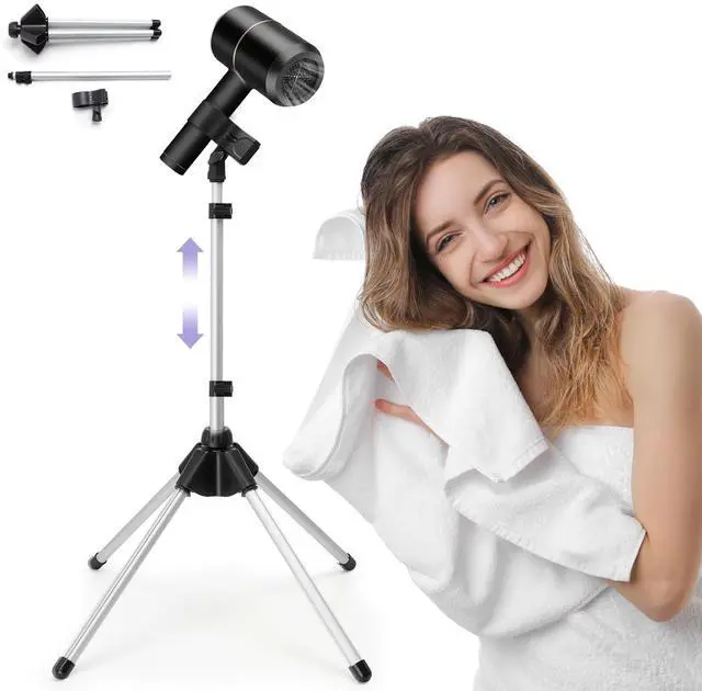 Main image of Adjustable Hair Dryer Stand, 29-59 Inch Hair Dryer Holder with Tripod and Universal Clip, 360-Degree Rotating Blow Dryer Stand for Bathroom, Vanity, Makeup Roo, black