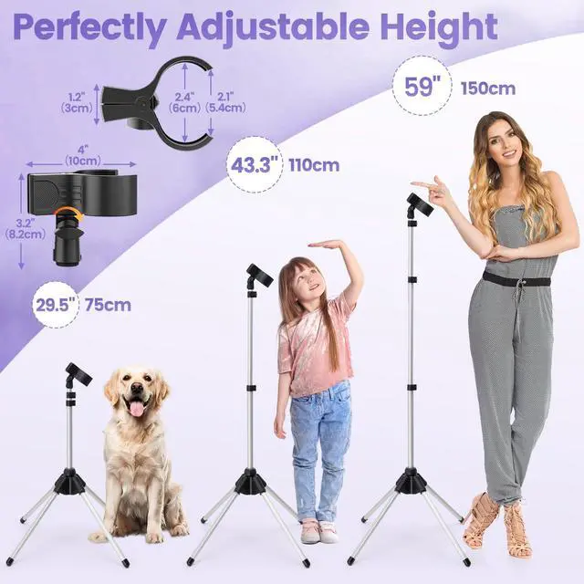 Alt view image 5 of 7 - Adjustable Hair Dryer Stand, 29-59 Inch Hair Dryer Holder with Tripod and Universal Clip, 360-Degree Rotating Blow Dryer Stand for Bathroom, Vanity, Makeup Roo, black