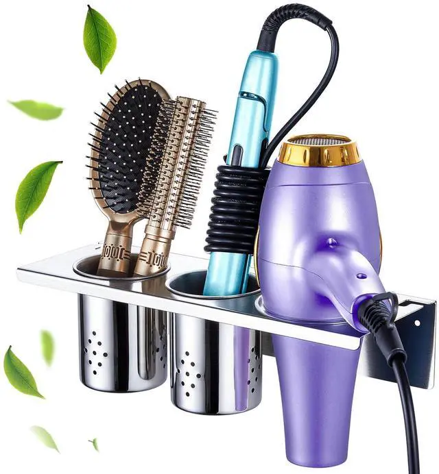 Main image of Hair Tool Organizer, Blow Dryer Holder Wall Mounted, Hot Tools Holder Storage for Brush, Hair Dryer, Straighteners, Curling Iron Holder Stainless Steel, Hair Styling Tools Organizer with 2 Cups