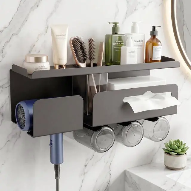 Main image of Hair Dryer Holder Wall Mount Metal,Adhesive/Drilling Bathroom Organizer with Shelf,Tissue Box&3 Free Cups,Rustproof Rack for Hair Styling Tools&Toothbrush,Grey