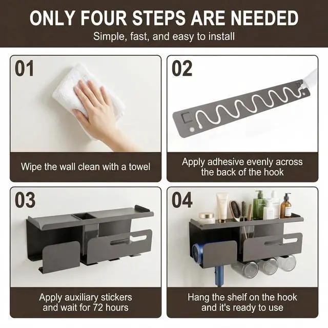 Alt view image 4 of 6 - Hair Dryer Holder Wall Mount Metal,Adhesive/Drilling Bathroom Organizer with Shelf,Tissue Box&3 Free Cups,Rustproof Rack for Hair Styling Tools&Toothbrush,Grey