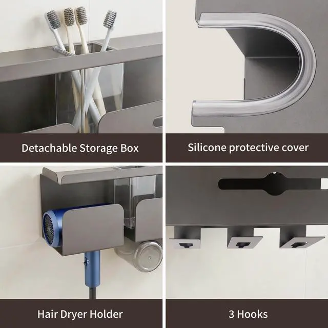 Alt view image 3 of 6 - Hair Dryer Holder Wall Mount Metal,Adhesive/Drilling Bathroom Organizer with Shelf,Tissue Box&3 Free Cups,Rustproof Rack for Hair Styling Tools&Toothbrush,Grey