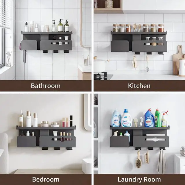 Alt view image 5 of 6 - Hair Dryer Holder Wall Mount Metal,Adhesive/Drilling Bathroom Organizer with Shelf,Tissue Box&3 Free Cups,Rustproof Rack for Hair Styling Tools&Toothbrush,Grey