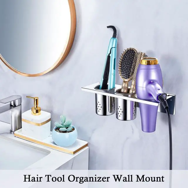 Alt view image 2 of 7 - Hair Tool Organizer, Blow Dryer Holder Wall Mounted, Hot Tools Holder Storage for Brush, Hair Dryer, Straighteners, Curling Iron Holder Stainless Steel, Hair Styling Tools Organizer with 2 Cups