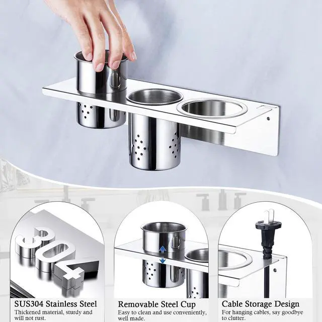 Alt view image 3 of 7 - Hair Tool Organizer, Blow Dryer Holder Wall Mounted, Hot Tools Holder Storage for Brush, Hair Dryer, Straighteners, Curling Iron Holder Stainless Steel, Hair Styling Tools Organizer with 2 Cups