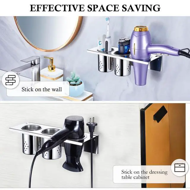 Alt view image 4 of 7 - Hair Tool Organizer, Blow Dryer Holder Wall Mounted, Hot Tools Holder Storage for Brush, Hair Dryer, Straighteners, Curling Iron Holder Stainless Steel, Hair Styling Tools Organizer with 2 Cups
