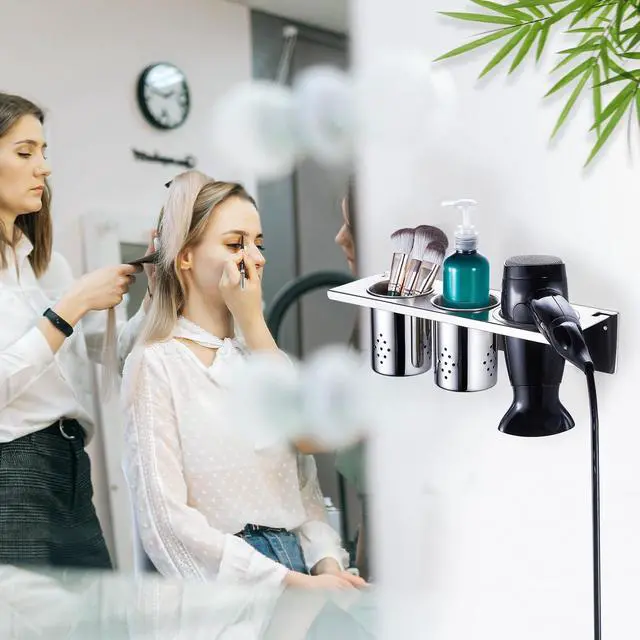 Alt view image 5 of 7 - Hair Tool Organizer, Blow Dryer Holder Wall Mounted, Hot Tools Holder Storage for Brush, Hair Dryer, Straighteners, Curling Iron Holder Stainless Steel, Hair Styling Tools Organizer with 2 Cups