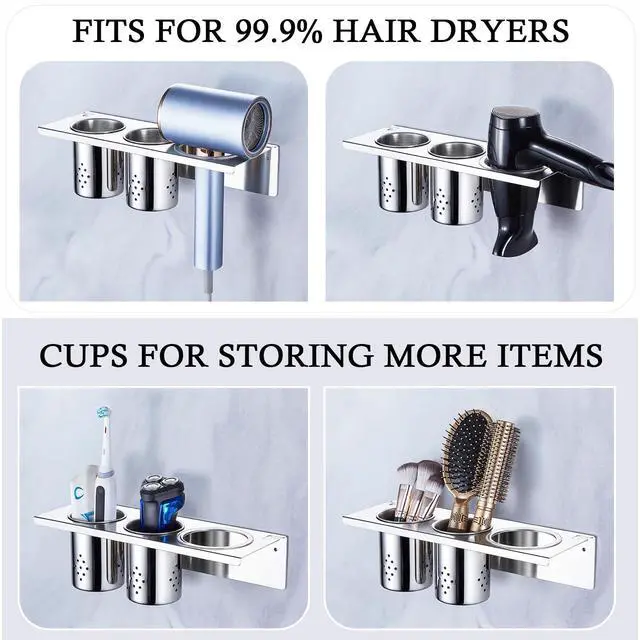 Alt view image 7 of 7 - Hair Tool Organizer, Blow Dryer Holder Wall Mounted, Hot Tools Holder Storage for Brush, Hair Dryer, Straighteners, Curling Iron Holder Stainless Steel, Hair Styling Tools Organizer with 2 Cups