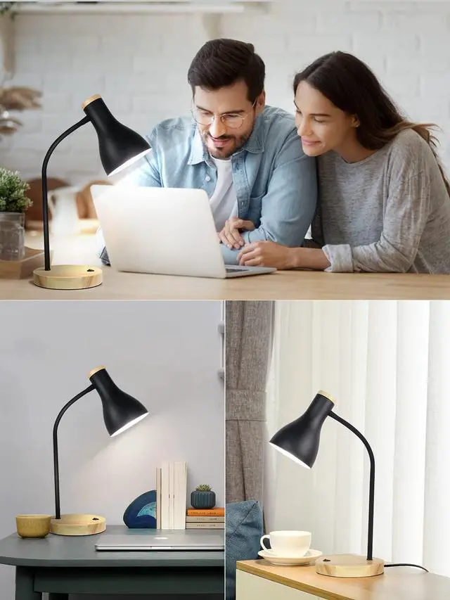 Alt view image 5 of 7 - Metal Desk Lamp Table Lamp Reading Lights Arc Desk Lamps Wood Base