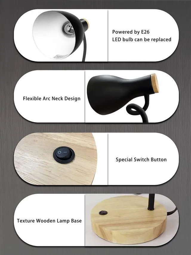 Alt view image 6 of 7 - Metal Desk Lamp Table Lamp Reading Lights Arc Desk Lamps Wood Base